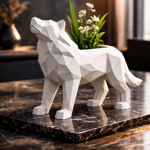 Low Poly Wolf Planter STL – Geometric Wolf Vase – Modern Animal Plant Pot – 3D Printable Home Decor