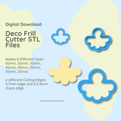 Digital Download Deco Frill Cutter STL Files Makes 8 Different Sizes: 60mm, 55mm, 50mm, 45mm, 40mm, 35mm, 30mm, 25mm. ~ 2 different Cutting Edges: 4 0.7mm edge and a 0.4mm sharp edge. Created by UtterlyCutterly 3D file Deco Frill Clay Cutter - STL Digital File Download- 8 sizes and 2 Cutter Versions・3D printing design to download, UtterlyCutterly