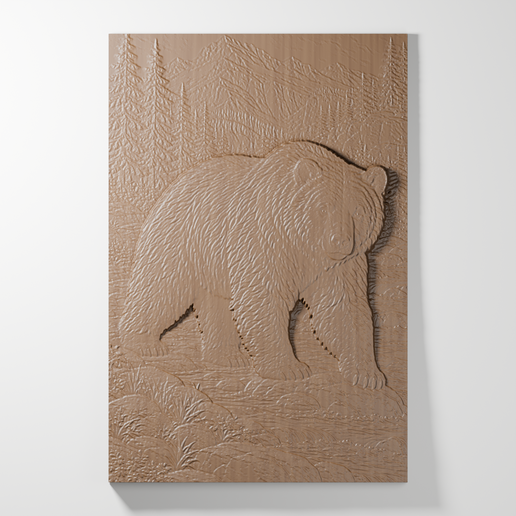bear by a vountain river — Sculpted Bas Relief STL Panel