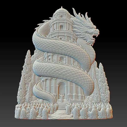 Dragon Coiled Around Tower Relief STL | Deep & Shallow Set