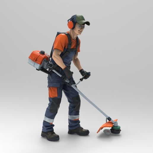 Gardener with Brush Cutter Figure - Man Using Weed Trimmer for Garden Scenes