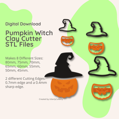 Pumpkin Witch Clay Cutter STL Files 2 different Cutting < 0.7mm edge and a0.4mm Sharp edge. wwe Created by UtterlyCutterly Digital Download } Makes 8 Different Sizes: 80mm, 75mm, 70mm, 65mm, 60mm, 55mm, 50mm, 45mm. 2 “8 2 S Archivo 3D Cortador de arcilla de bruja de calabaza - Descarga de archivos digitales STL de Halloween - 8 tamaños y 2 versiones de cortadores・Modelo para descargar y imprimir en 3D