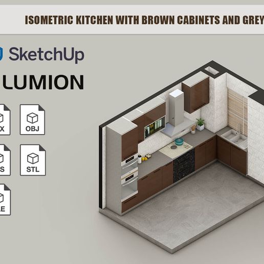 Isometric kitchen with brown cabinets and grey tiles 3D model