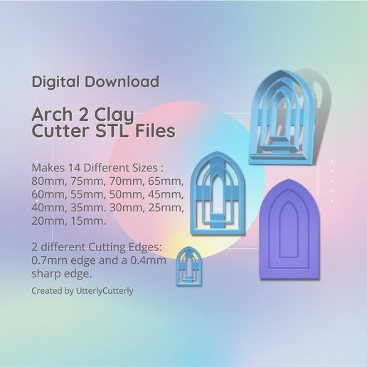 Arch Shape 2 Clay Cutter - STL Digital File Download- 14 sizes and 2 Cutter Versions 3D model