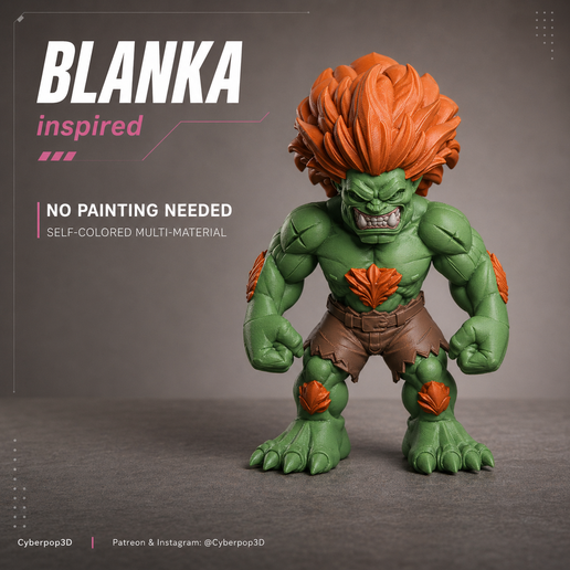🎨 BLANKA Street Fighter Fan Art | No AMS / Multi-Part / 3MF・ 3MF