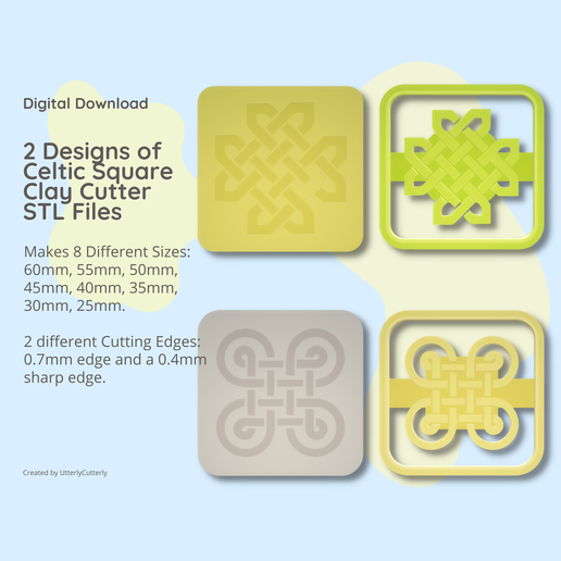 Celtic Square 1 & 2 Knot Clay Cutter - STL Digital File Download- 8 sizes and 2 Cutter Versions 3D model