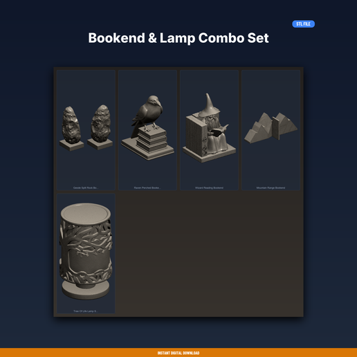 Bookend & Lamp Combo Set - 5-Model STL Bundle