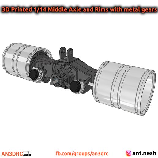 3D Printed 1/14 Middle Axle and Rims with metal gears by [AN3DRC]