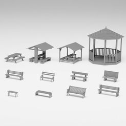 showcase_1_cults.jpg 3D file Park benches pack - benches, picnic tables and gazebo H0 scale・3D print design to download