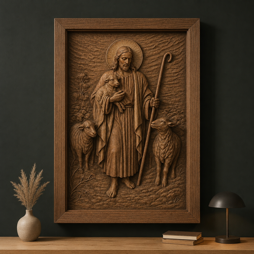 Jesus Christ & Sheep STL model relief CNC router wood carving & 3D printing