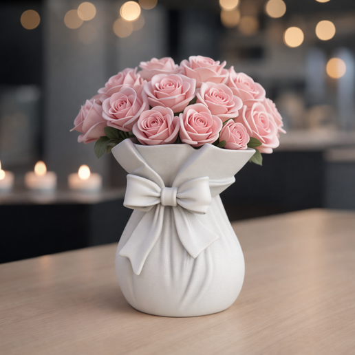 🎀 Ribbon Bouquet Vase | Elegant Flower Bag Vase with Bow・ STL