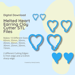 Digital Download Y ¢ Melted Heart Earring Clay Cutter STL Files Makes 10 Different Sizes: 60mm, 55mm, 50mm, 45mm, 40mm, 35mm, 30mm. 25mm, 20mm, 15mm. 2 different Cutting Edges: 0.7mm edge and a 0.4mm sharp edge. Created by UtterlyCutterly 3D file Melted Heart Clay Cutter - STL Digital File Download- 10 sizes and 2 Cutter Versions・3D printing design to download, UtterlyCutterly