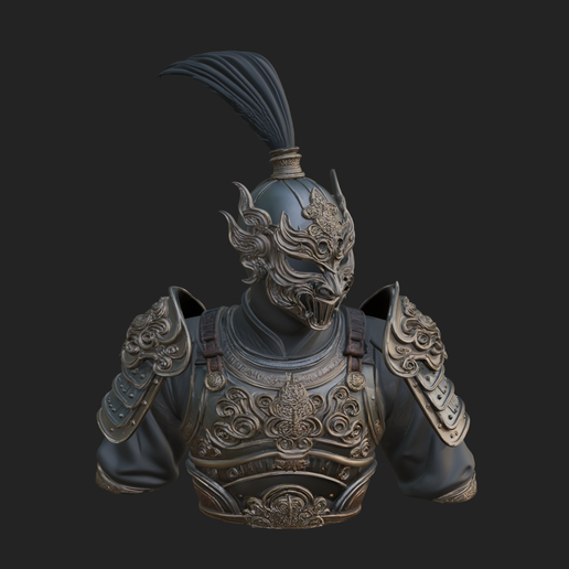 Ornate Asian Armor Bust Statue Design 2 - 3D Print Model