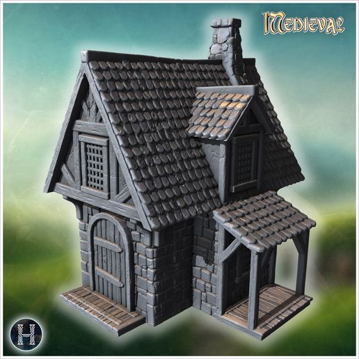 Small stone house with wooden annex, sloped roof, timber-framed facade and detailed chimney structure (20) - Medieval Gothic Feudal Old Archaic Saga 28mm 15mm RPG 3D model