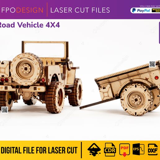 JP-W-REMOLQUE3.jpg Carro de guerra 4x4 con remolque planos corte láser madera mdf aglomerado de 3mm truck  modelo 3d para armar Laser Cut 3D Puzzle DIY png svg