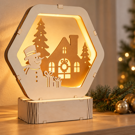 Snowman Cottage Hexagonal Lamp - Laser Cutting SVG PDF EPS