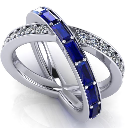 Criss - Cross X Ring - Round Diamonds and Sapphire Baguettes 3D model