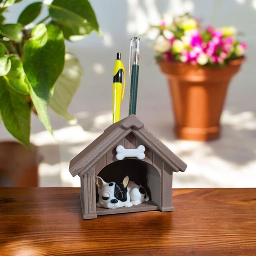 Pen Holder Sleeping French Bull Dog in a Dog House