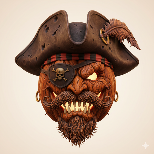 Pumpkin pirate mask - Halloween, spooky, scary, horror, creepy, haunted, October 31, trick or treat, pumpkin, jack o’ lantern, jackolantern, ghost, skeleton, skull, zombie, witch, vampire, monster, mummy, Frankenstein 3D Model 3D model