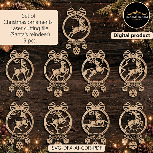 9 Christmas Reindeer Ornaments SVG DXF AI CDR PDF - Santa's Reindeer Laser Cut Files - 3mm Plywood