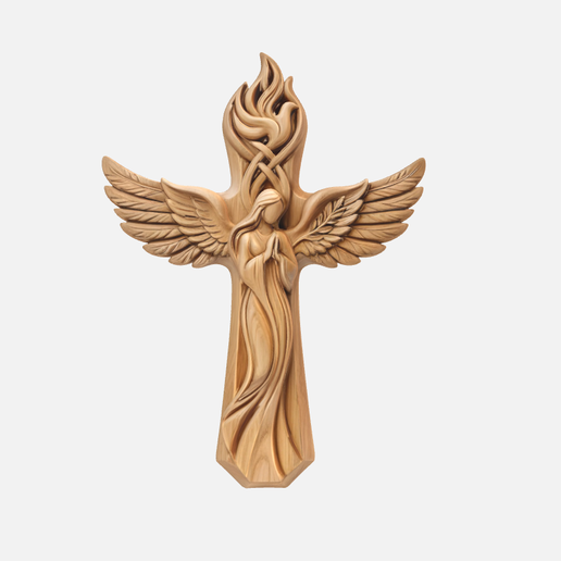 Angelic Cross, Holy Spirit Dove, Angel Cross Sculpture With Wings, Carved Spiritual Figure