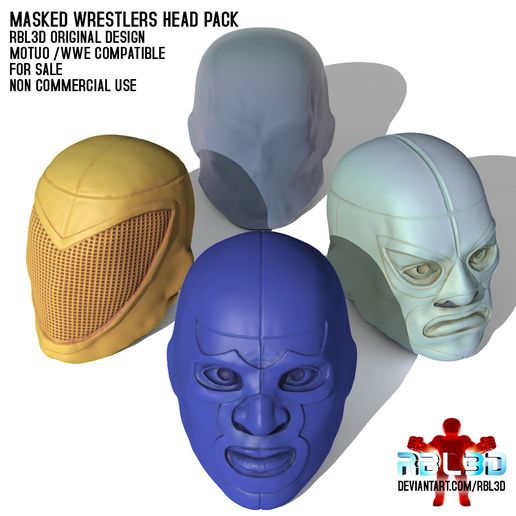 MASKED WRESTLERS HEAD PACK RBL3D ORIGINAL DESIGN MOTUO /WWE COMPATIBLE FOR SALE NON COMMERCIAL USE DEVIANTART.COM/| BLD OBJ file Masked Wrestlers Heads pack 1 (Motuo and WWE compatible)・Model to download and 3D print, RBL3D