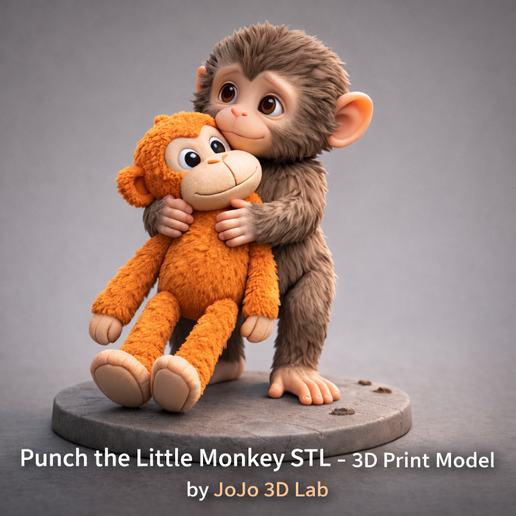 Punch the Little Monkey STL – Baby Monkey with Plush Toy 3D Print File