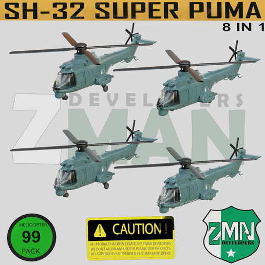 🚁 Eurocopter AS332 Super Puma (SH-32)(8 IN 1) V20・ STL File for