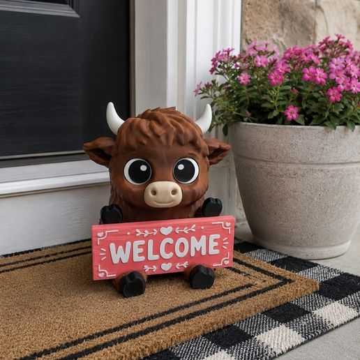 Porch Highlandcow Buddy Holding A Sign