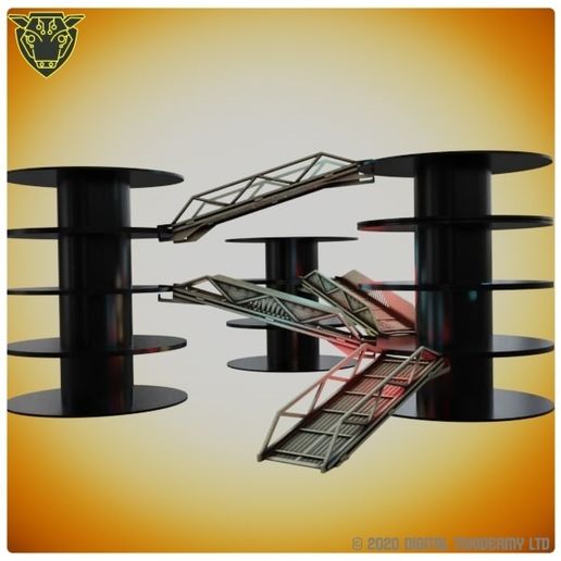 Spool Tower Metal Walkways & Ramps STL - Upcycled Sci-Fi Tabletop Terrain Modular Industrial Tabletop Scenery