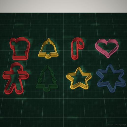 Christmas Cookie Cutters – Set of 8: Gingerbread Man, Tree, Star, Bell, Candy Cane, Heart | STL