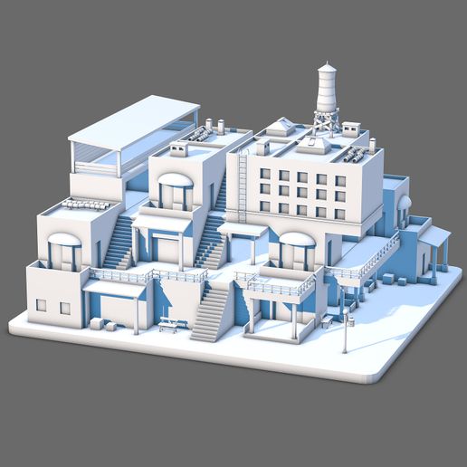 Stylized Industrial Building STL | Low Poly Miniature Factory | 3D Printable Architecture Model