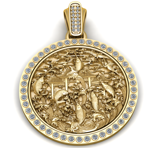 Luxury Koi Fish Temple Medallion Pendant with Diamond Halo