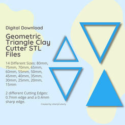 Digital Download Geometric Triangle Clay Cutter STL Files 14 Different Sizes: 80mm, 75mm, 70mm, 65mm, 60mm, 55mm, 50mm, 45mm, 40mm, 35mm, 30mm, 25mm, 20mm, 15mm 2 different Cutting Edges: 0.7mm edge and a 0.4mm sharp edge. Created by UtterlyCutterly 3D file Triangle Clay Cutter - Geometric STL Digital File Download- 14 sizes and 2 Cutter Versions・3D printer design to download, UtterlyCutterly