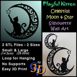 Cat-Moon-Star-IMG.jpg STL file Playful Kitten Celestial Moon and Star Cat Toy Silhouette Wall Art・3D printing model to download