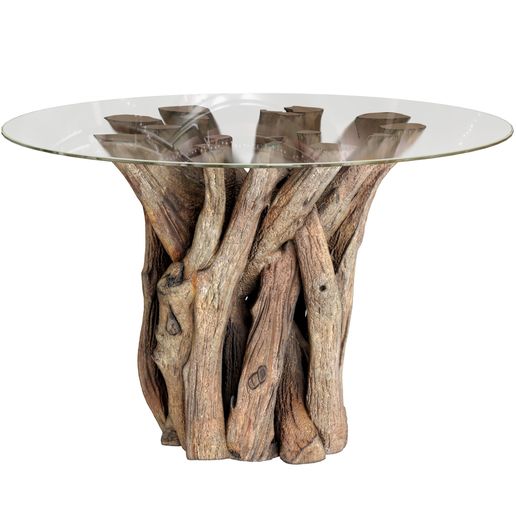 Round dining table with teak root base and glass top 3D model