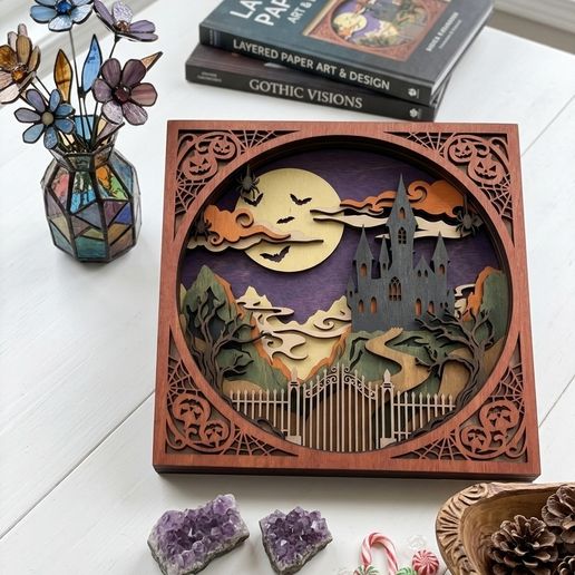 MD551 - Halloween Castle Shadow Box SVG, Haunted House 3D Layered Laser Cut File, Spooky Moon Bats Wall Art, Glowforge CNC, Digital Download