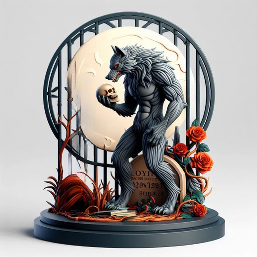 3649 Werewolf Howling with Skull - Minimalist Statue, magic, dragon, serpent, mask, gnome, gorgon, venetian carnival, wild, fox, monster, cat, fair, witch, werewolf, horror, beast, snake, troll, skeleton, STL