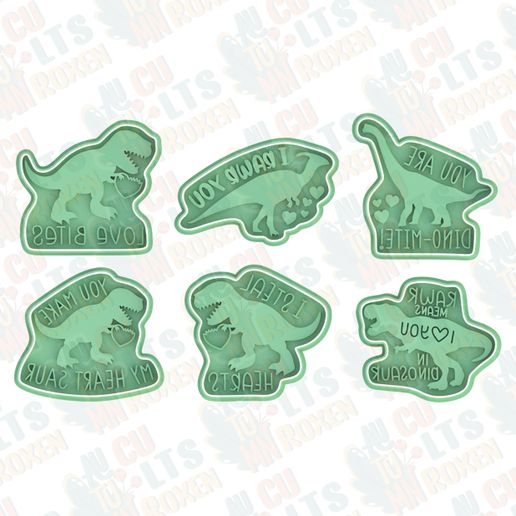 Valentines day dino cookie cutter set of 6 3D model