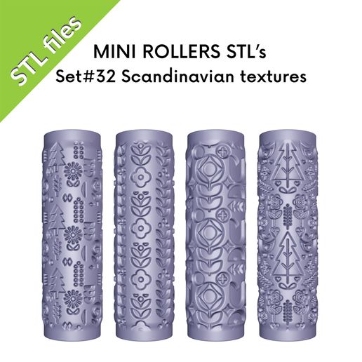 Texture Mini Rollers for polymer clay, Scandinavian textures, minimalistic, folk, set of four rollers, Set #32 3D model