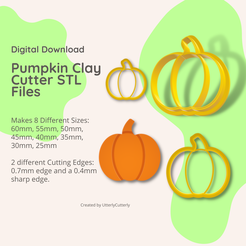 Digital Download Pumpkin Clay Cutter STL Files Makes 8 Different Sizes: 60mm, 55mm, 50mm, 45mm, 40mm, 35mm, 30mm, 25mm 2 different Cutting Edges: 0.7mm edge and a 0.4mm sharp edge. Created by UtterlyCutterly Archivo 3D Cortador de arcilla de calabaza - Descarga de archivos digitales STL de Halloween - 8 tamaños y 2 versiones de cortadores・Diseño imprimible en 3D para descargar