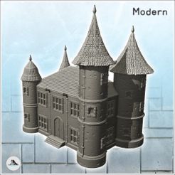 1-PREM.jpg STL file Large modern castle with double towers and entrance stairs (4) - Modern WW2 WW1 World War Diaroma Wargaming RPG・Model to download and 3D print