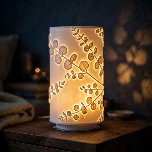 Midnight Eucalyptus Lithophane Lamp Shade - 3D Printable LED Night Light, Botanical Bedside Table Lamp
