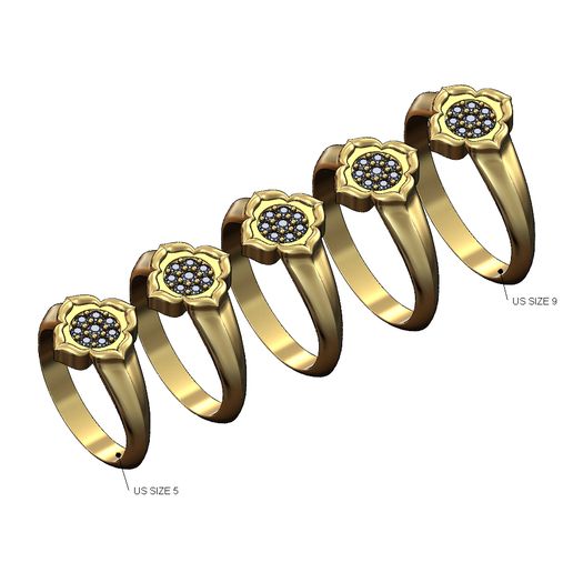 Diamond cluster ornamental floral ring US sizes 5to9 3D print model 3D model