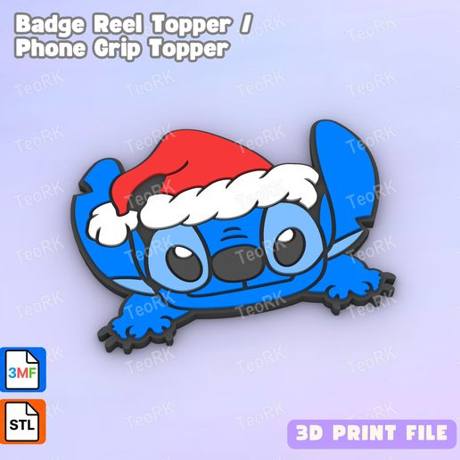Badge Reel Topper Flat Back STITCH WITH CHRISTMAS HAT - Phone Grip Topper - 3MF