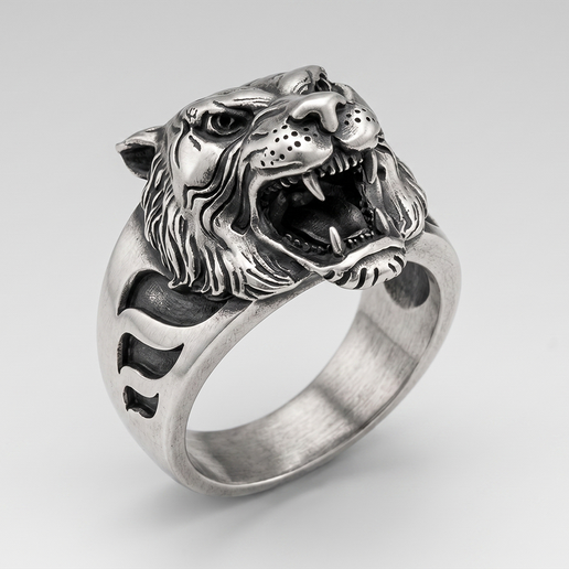 Roaring Tiger Head and Striped Band Heavy Ring