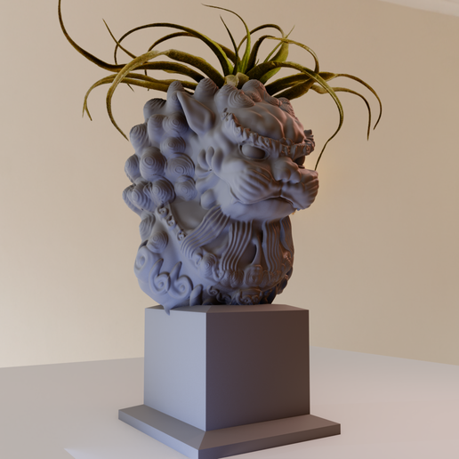 chinese lion head bust planter pot flower vase stl - 3D model önizlemesi