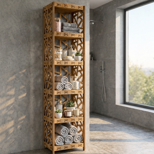 Geometric Bathroom Shelf – Tall Wooden Storage Rack with Cutout Sides, Laser Cut Files (SVG, DXF, AI, PDF)