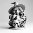 WITCH-087.png 087 Witch with Raven and Skull  3D-Printed Statue, werewolf, character, D&D, skull, monster, troll, snake, cat, minimalist, miniature, figurine, collectible, fantasy, gorgon, decorative, Halloween, serpent, STL