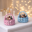 ribbon_ruffle_basket_3.png Ribbon Ruffle Basket | Bow Handle Decorative Storage Basket | Vanity Cosmetic Brush Holder